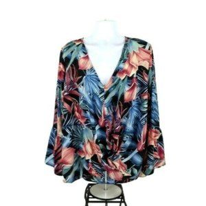 Oddy Multicolor Tropical Floral Print Long Ruffled Sleeve Blouse Womens 3X NWOT
